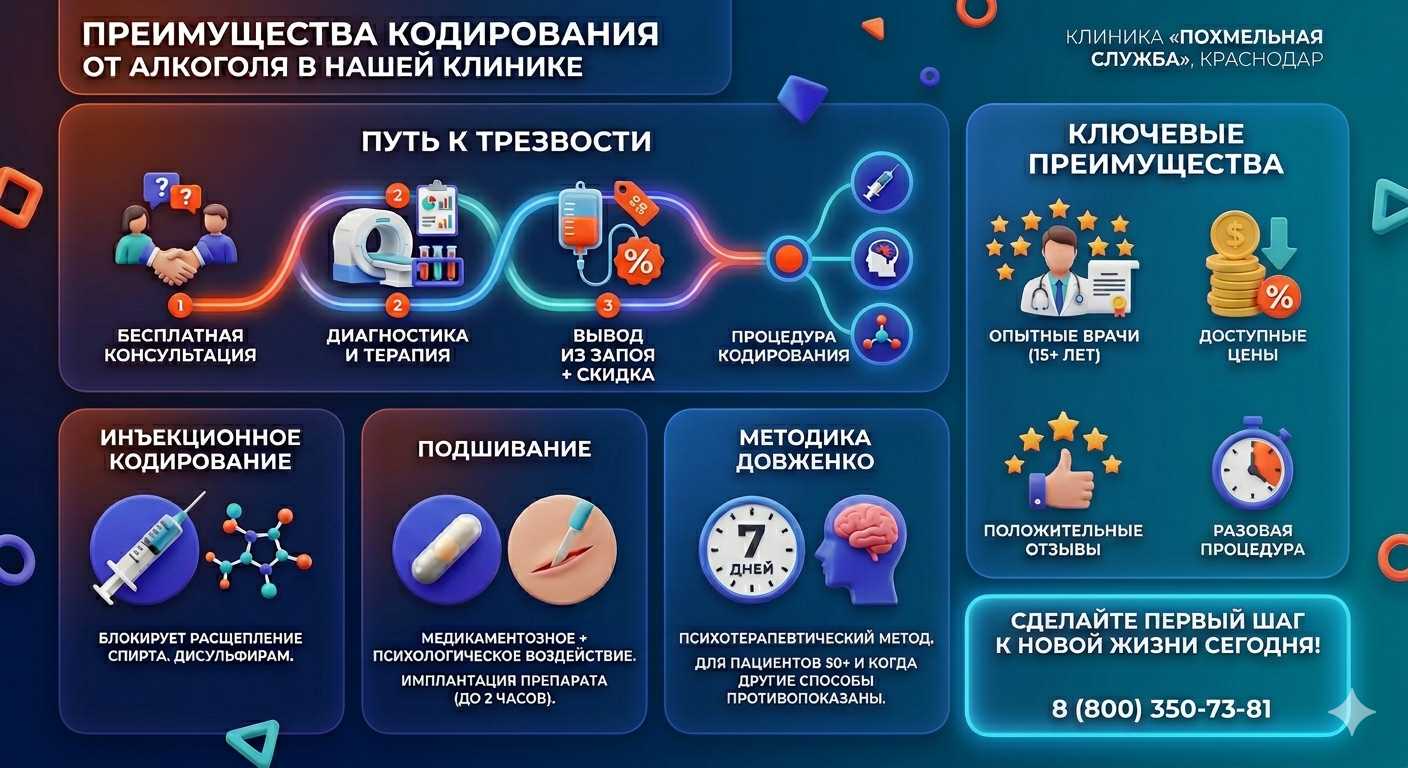 Инфографика о методах кодирования от алкоголя в Смоленской: инъекции, подшивание, метод Довженко. Преимущества клиники и этапы лечения.
