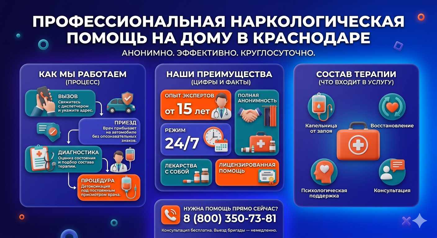 Инфографика о принципах лечения алкоголизма на дому в Смоленской: этапы вызова нарколога, преимущества анонимной детоксикации и состав медицинской помощи.